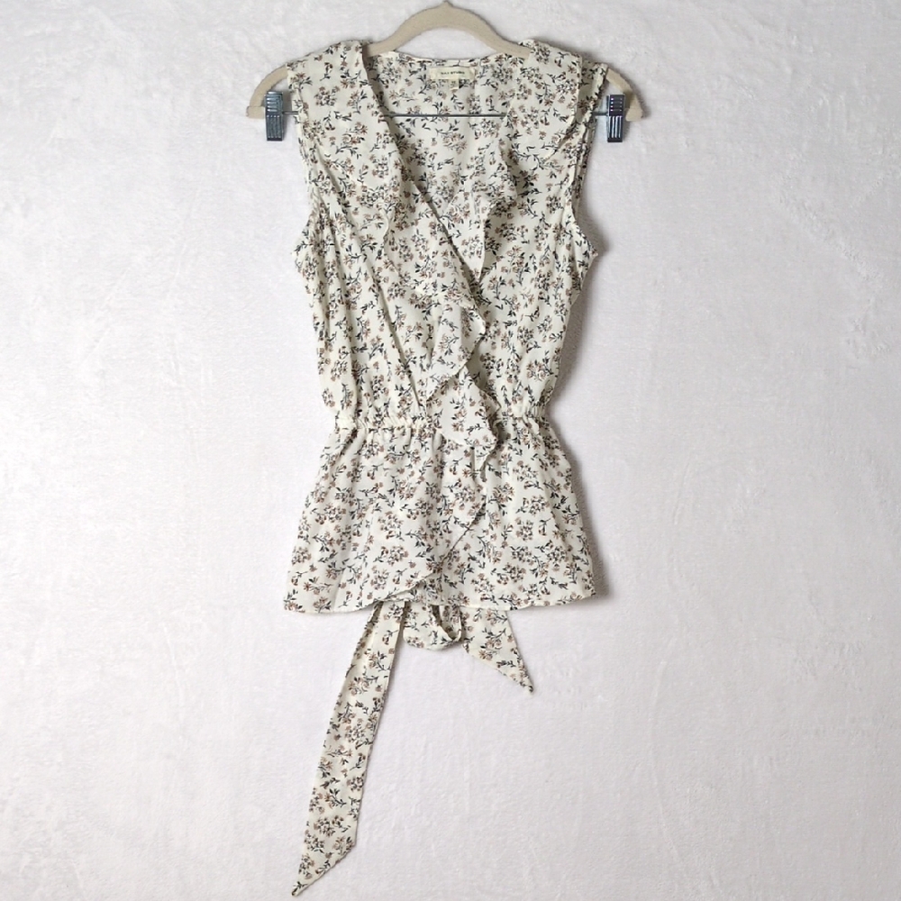 Floral Ruffle Tie-Waist Sleeveless Top – Cream- XS